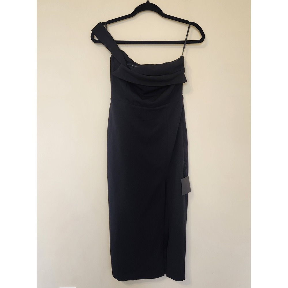 Lulus Black One Shoulder Bodycon Midi Dress‎ Asymmetric Slit Small NWT - Picture 4 of 9